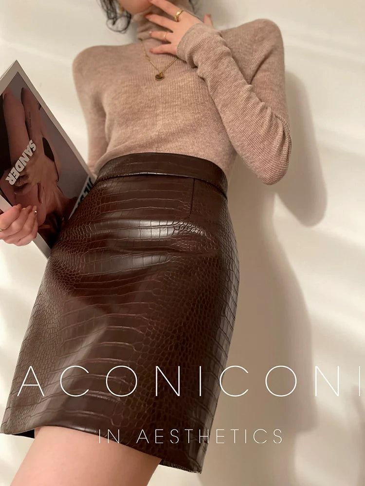 Aconiconi Elegant High Waist Short PU Leather Chic Skirt-Holiday Love Poems