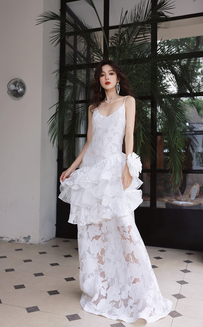 DOLLY Elegant White Flower Embroidery Lace Ruffle Layered Dinner Dress-DAISY  (V)