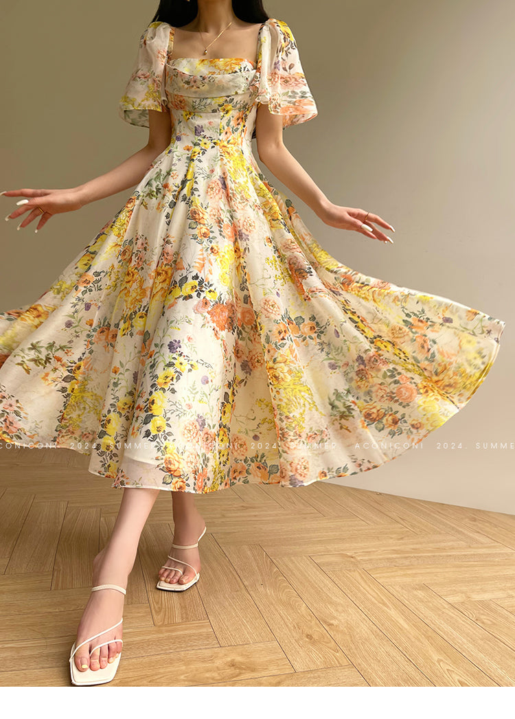 Aconiconi Elegant Flower Print Square Collar Short Sleeve midi  Dress-  Monet Summer Flowers