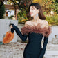 DOLLY High End Black Off Shoulder Long Sleeve Brown Feather Tube Top Dress-ADINA