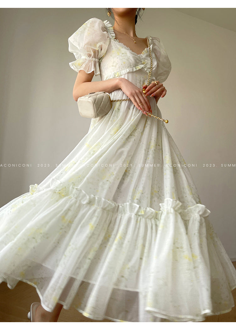 Aconiconi Luxury Off White floral print Puff Sleeve French cottaage bridal Dress- Yurui Chuning