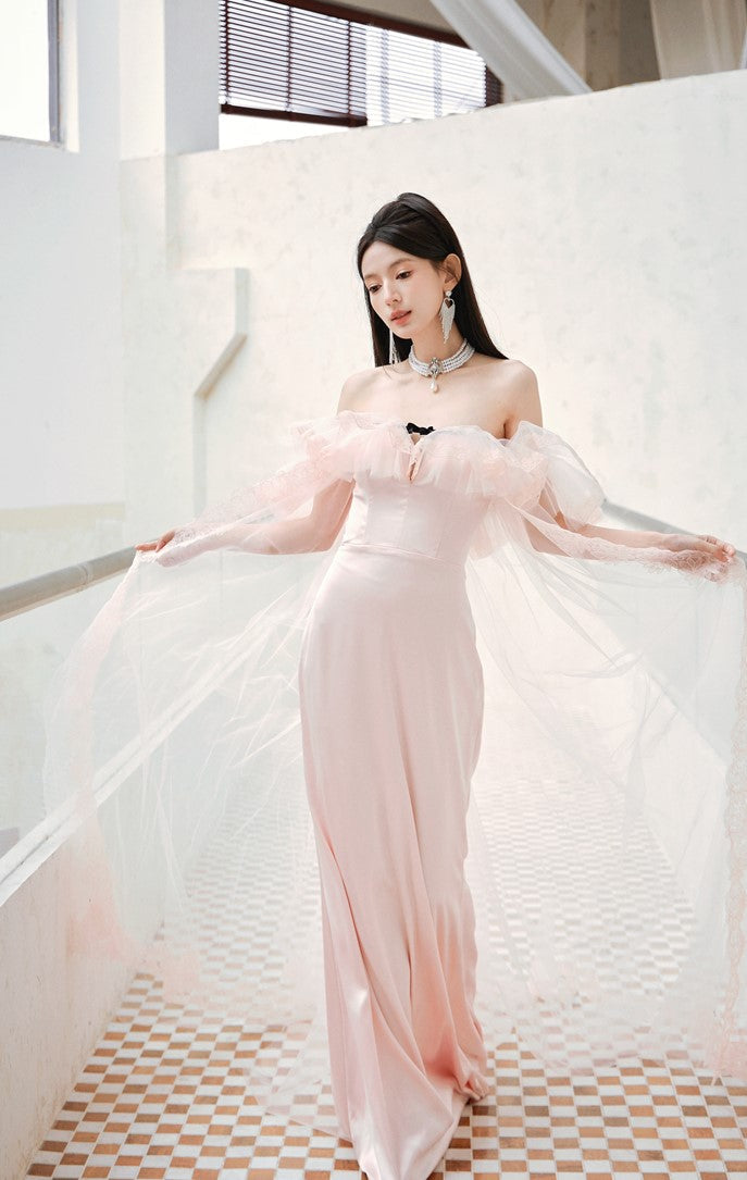 DOLLY Elegant Pastel pink Ruffle Sleeves Long Party Dress- Mina