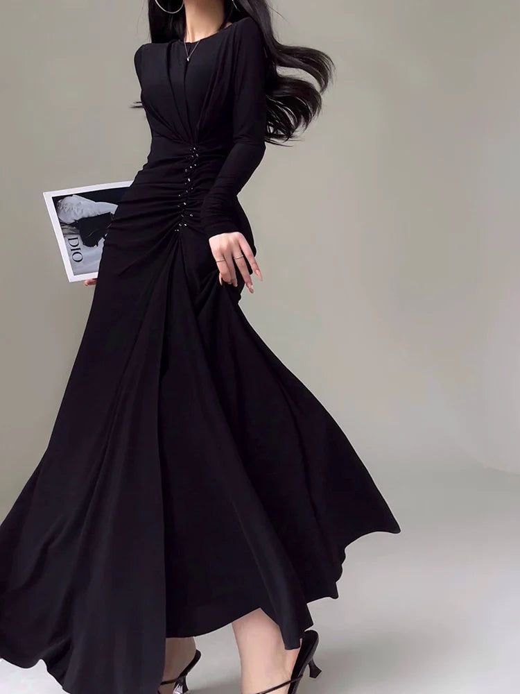 Aconiconi Elegant ruched waist Gradient/Black Stretch Long Chic Dress- Clouds