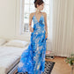 DOLLY Elegant Blue Sleeveless Printed Halter Neck Chiffon Long Resort Dress-HARRIET