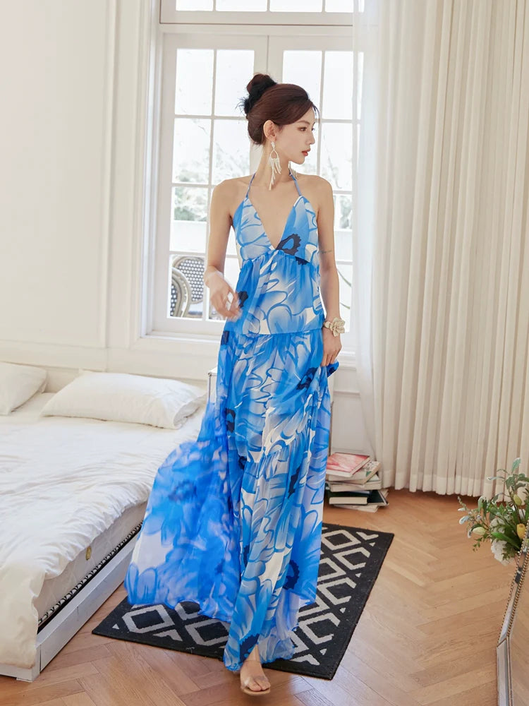 DOLLY Elegant Blue Sleeveless Printed Halter Neck Chiffon Long Resort Dress-HARRIET