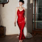 DOLLY Elegant Red French Sleeveless Sequin Backless Long Cocktail Dress-Quin