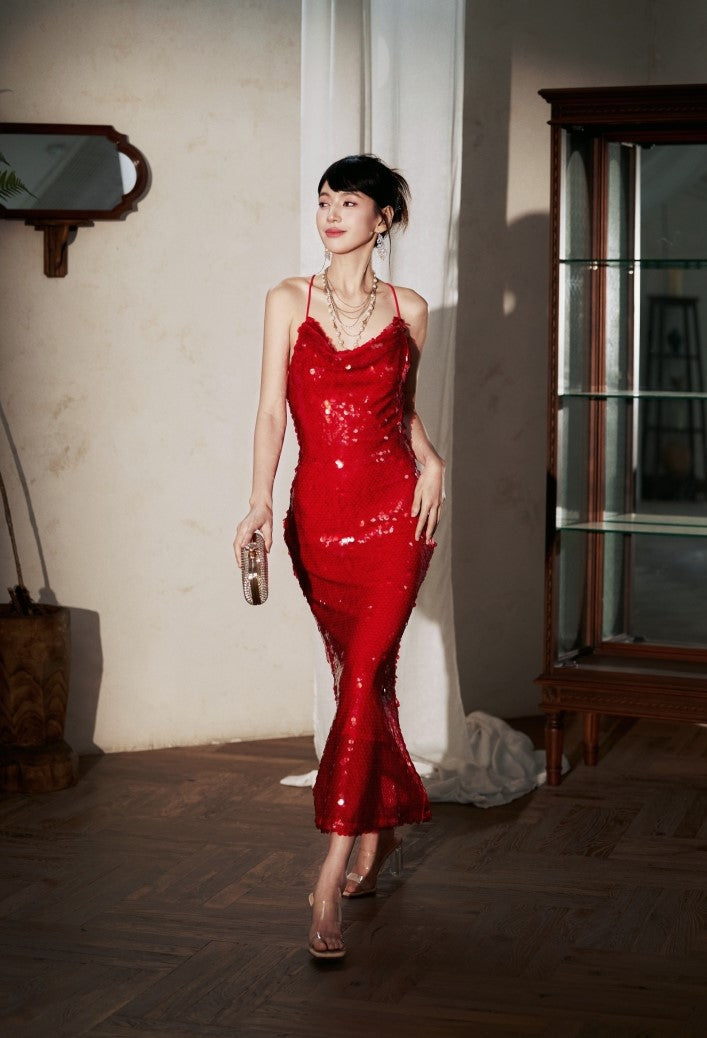 DOLLY Elegant Red French Sleeveless Sequin Backless Long Cocktail Dress-Quin