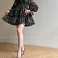 Aconiconi Elegant French Print Retro V-Neck Lace Tea Dress- Night Rose