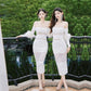 DOLLY Elegant White French Style Off Shoulder Feather Long Sleeves Slim Fit Dress-DAISIES(V)