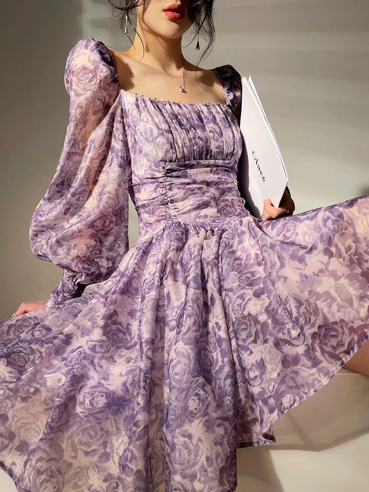 Aconiconi Square Collar Long Sleeve Tea Dress- Amethyst Water