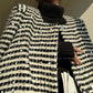 Aconiconi Elegant Black And White Stripe Long Sleeve Long Wool Coat- Quiet Night Flowing Light