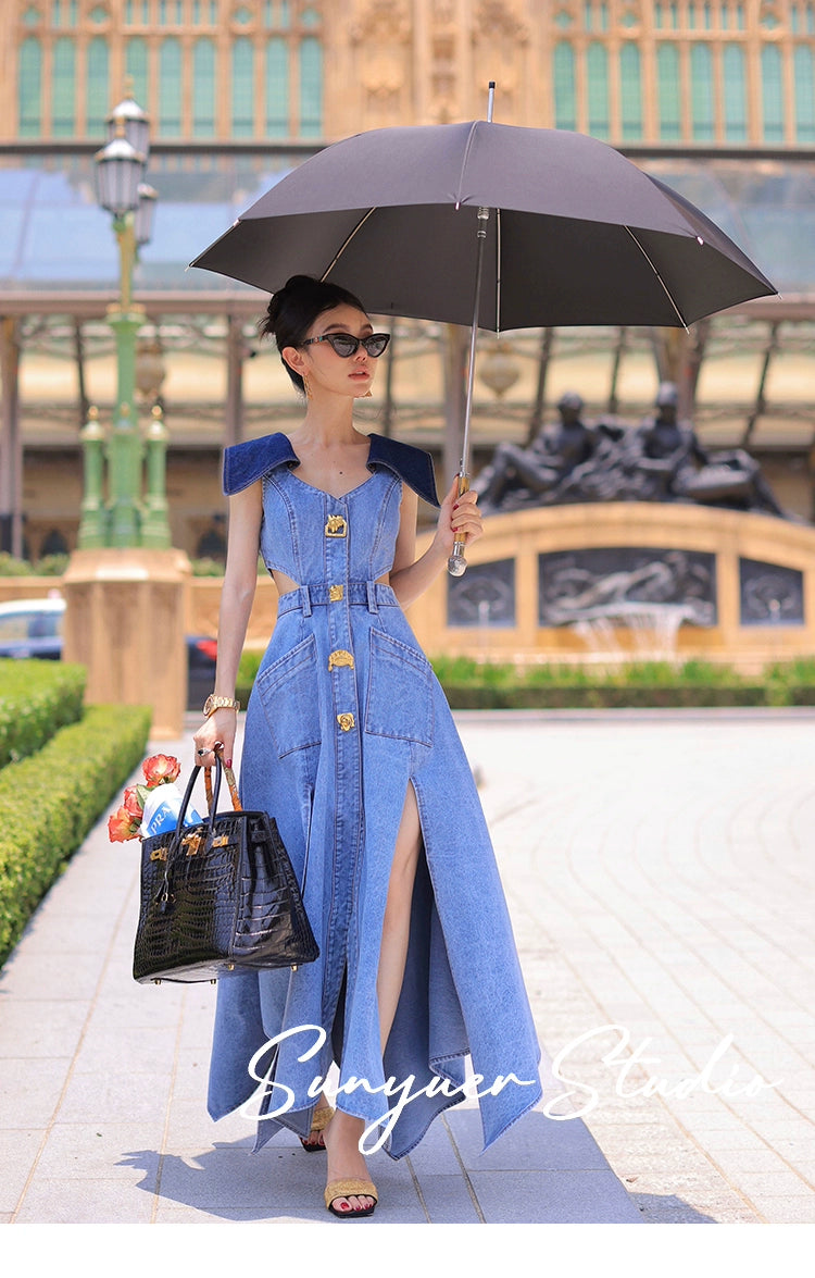 Elegant denim large lapel collar, cut-out waist summer slit long jean denim dress