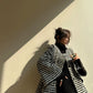 Aconiconi Elegant Black And White Stripe Long Sleeve Long Wool Coat- Quiet Night Flowing Light