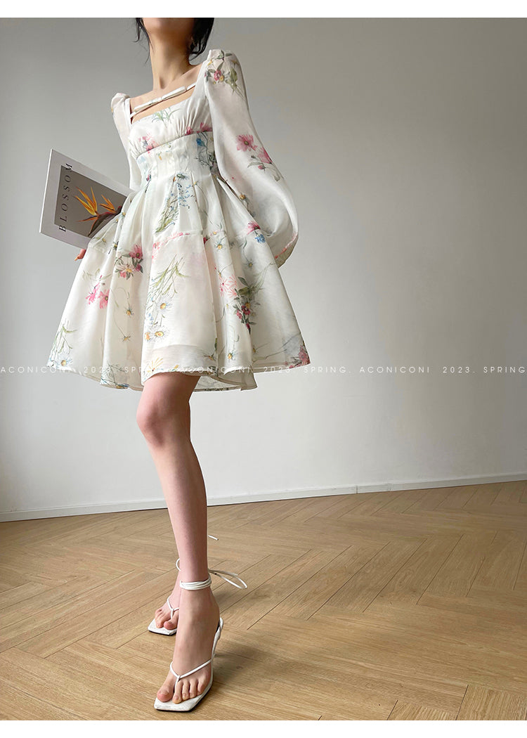 Aconiconi Elegant French Floral Print Square Neck Long Sleeve Dress- Flower Forest Girl