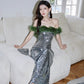DOLLY Luxury Sliver Retro Style Green Feather Tube Top Long Glitter Party Dress-THEKLA