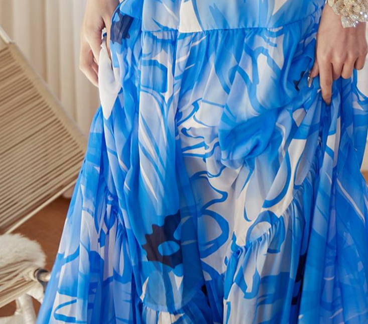 DOLLY Elegant Blue Sleeveless Printed Halter Neck Chiffon Long Resort Dress-HARRIET