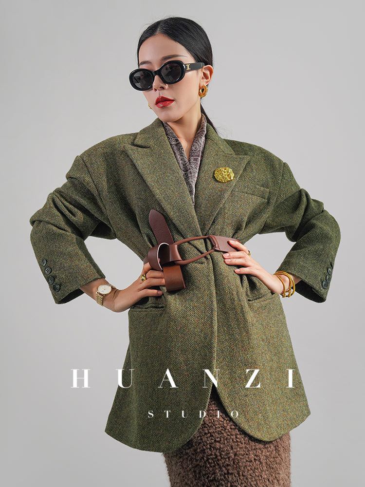 Huanzi high-end retro autumn and winter 100% wool waist suit jacket - Cassie