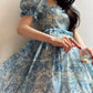 Aconiconi Elegant Blue French Print Short Princess Dress-  Blue Ocean Whisper