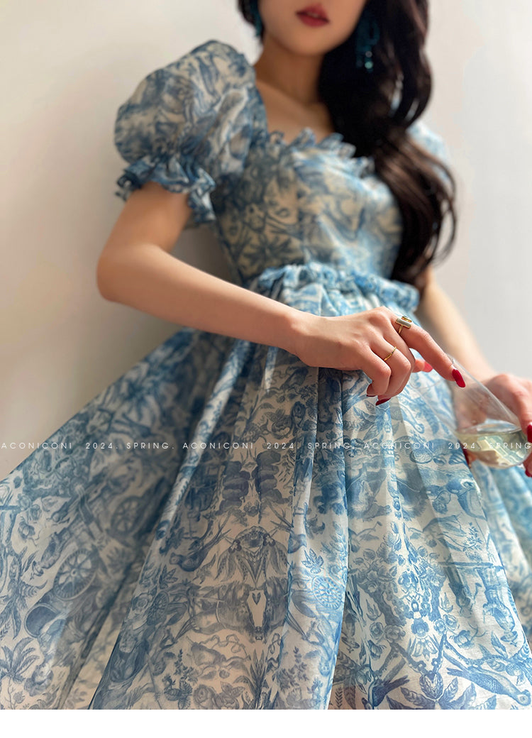 Aconiconi Elegant Blue French Print Short Princess Dress-  Blue Ocean Whisper