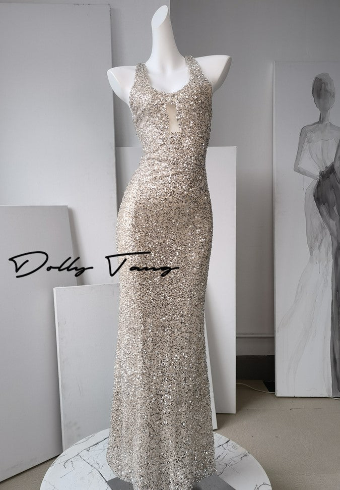 DOLLY High End V-Neck Sleeveless Slim Fit Sequin Sexy Banquet Dress-NELO