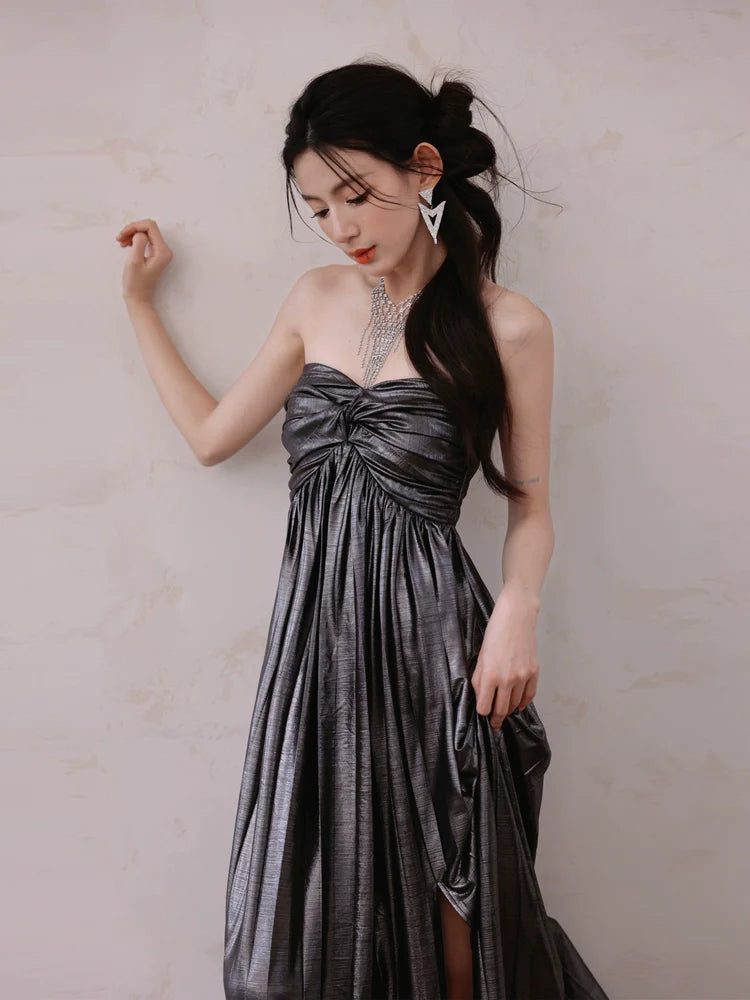 DOLLY Luxury Metallic Ash Pleated Tube Top Long Slit Dress-VIVA