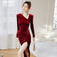 DOLLY Elegant Burgundy V-Neck Long Sleeve Velvet Long Slit Formal Dinner Dress-HAZEL