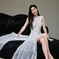 DOLLY High End White silver Glitter Deep V-Neck High Waist Long Party Dress-Xen