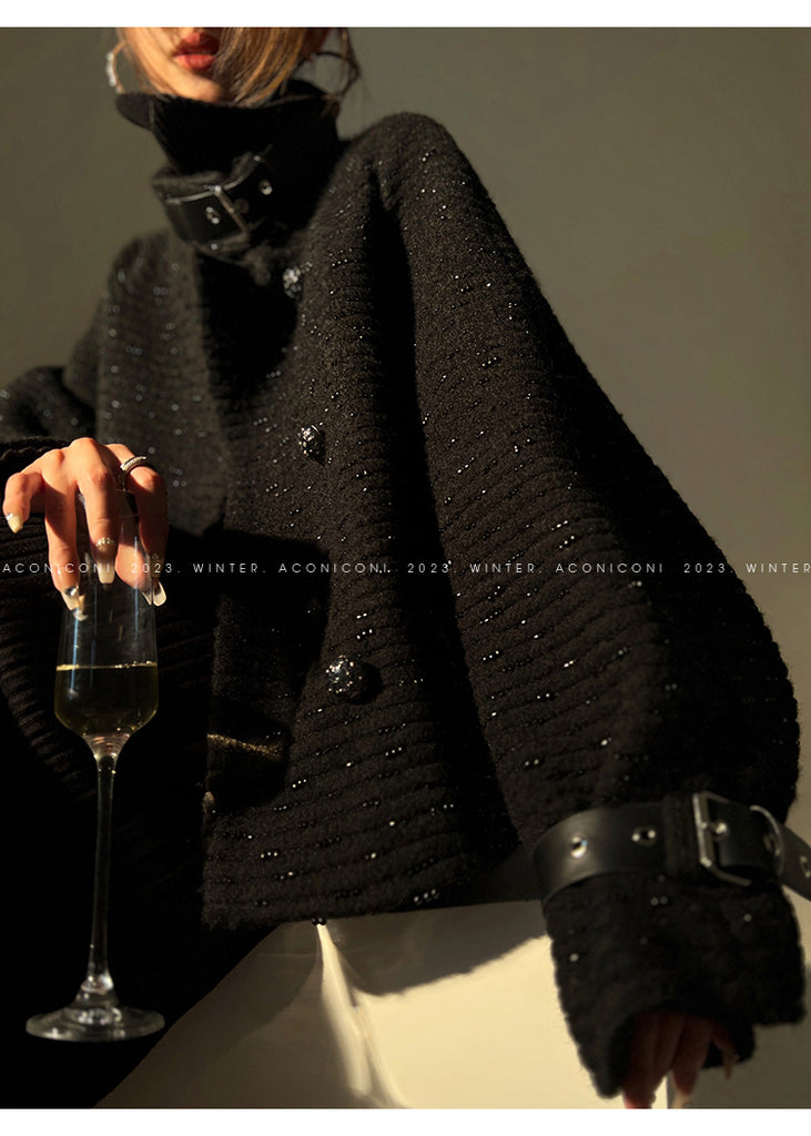 Black night wool two-piece coat jacket skirt - Utopia moonlit