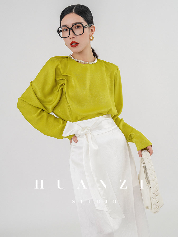 Huanzi silky satin pleated women's spring autumn long-sleeved top blouse - Aniy