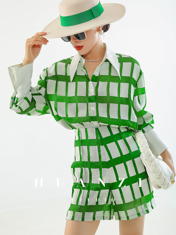 Huanzi jacquard plaid brushed green high waist short shirt - Guk