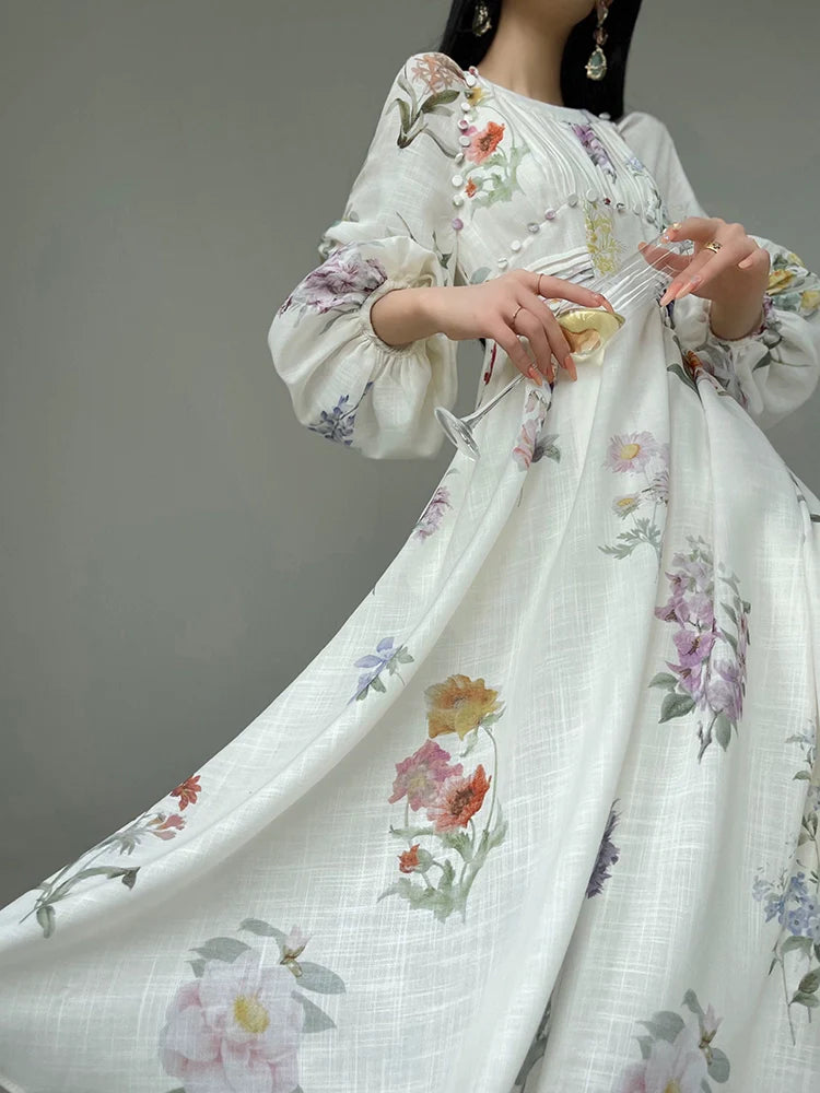 Aconiconi French Floral Print Puff Sleeve Wedding Guest Dress- Lily of the Valley Whisper