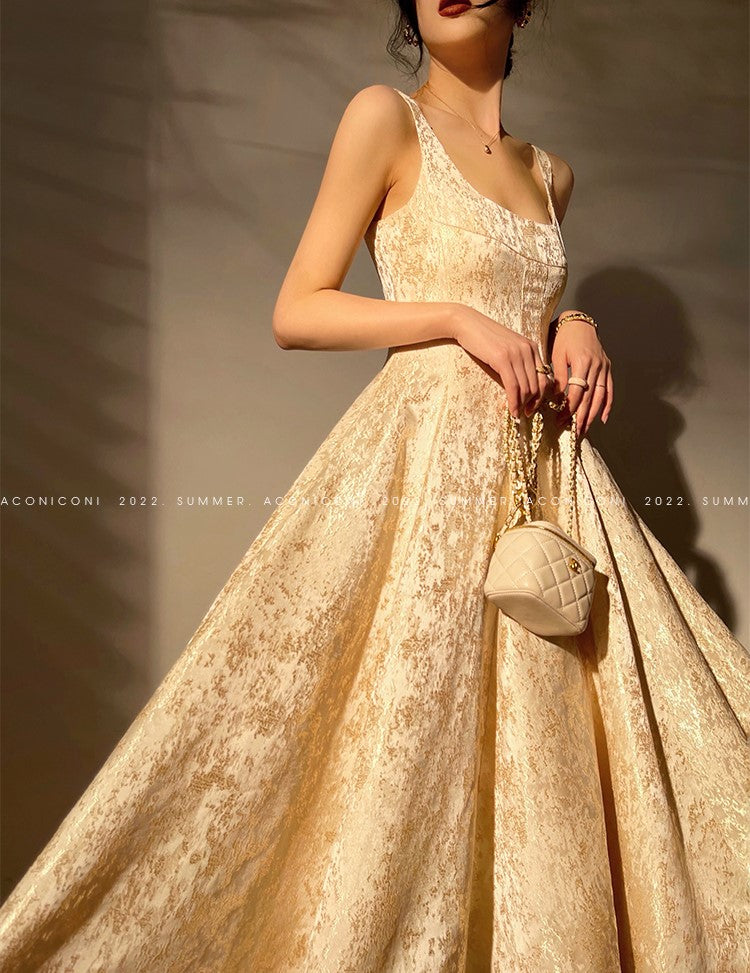 Aconiconi Light luxury gilt French jacquard midi Bridal dress - Twilight