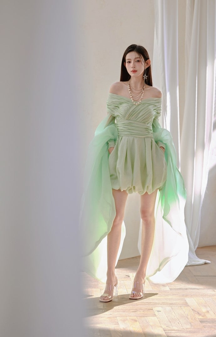 DOLLY High End Green ombre Off Shoulder Puff Sleeves Pleated Tutu Dress- Tulip