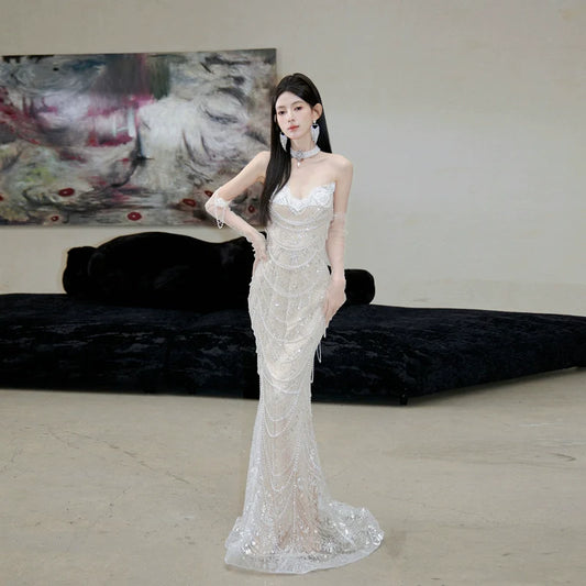 DOLLY Luxury Off White Retro Beaded Tube Top Sequin Long Wedding Dress-MARKU