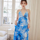 DOLLY Elegant Blue Sleeveless Printed Halter Neck Chiffon Long Resort Dress-HARRIET