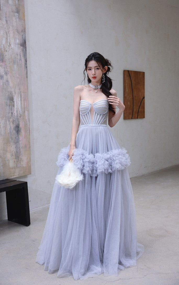 DOLLY Elegant Fog Blue strapless Bandeau High Waist Tutu wedding Dress- vero