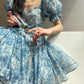 Aconiconi Elegant Blue French Print Short Princess Dress-  Blue Ocean Whisper