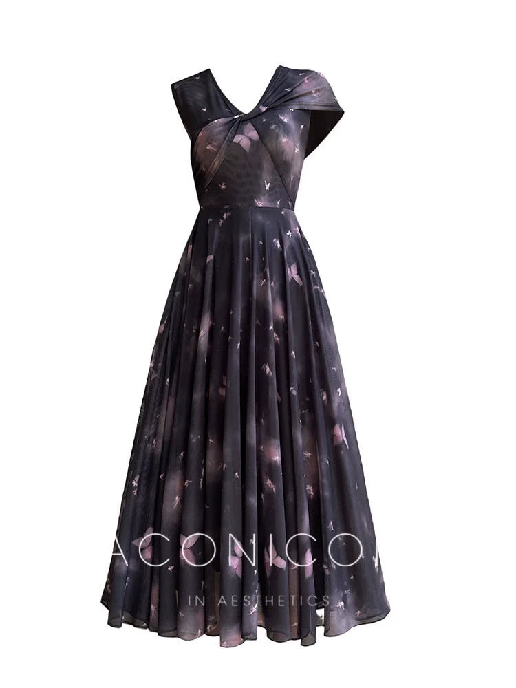 Aconiconi Elegant ButterFly Print Short Sleeve Long Swing Dress- Butterfly Phantom