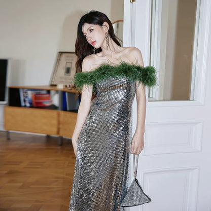 DOLLY Luxury Sliver Retro Style Green Feather Tube Top Long Glitter Party Dress-THEKLA