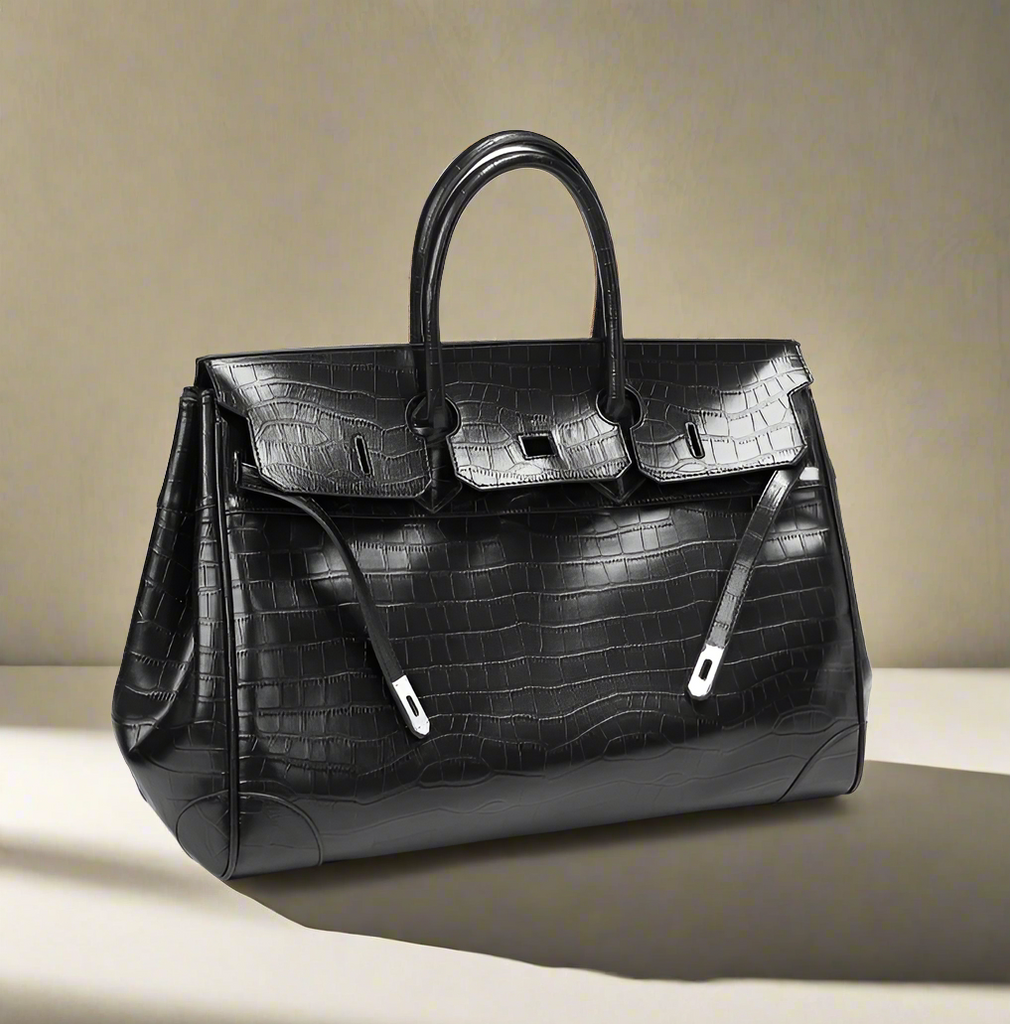 Black Platinum birkin inspired croc pattern overnight weekend tote high street travel weekender bag