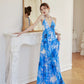 DOLLY Elegant Blue Sleeveless Printed Halter Neck Chiffon Long Resort Dress-HARRIET