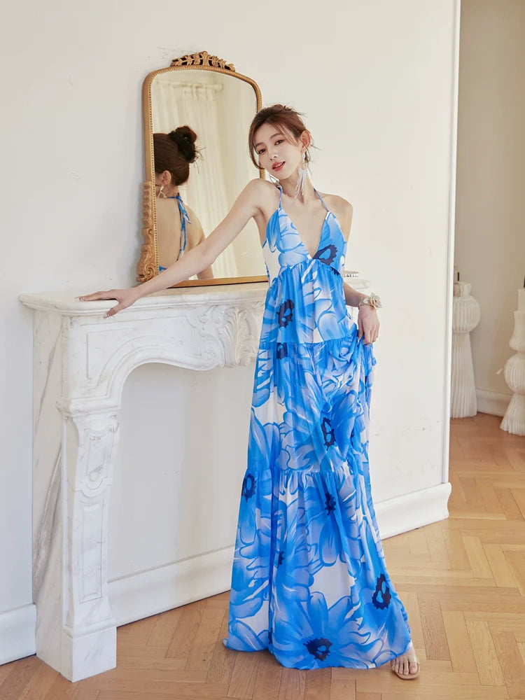 DOLLY Elegant Blue Sleeveless Printed Halter Neck Chiffon Long Resort Dress-HARRIET