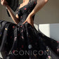 Aconiconi Elegant Black Floal Print Dinner Dress- Huajian Secret Realm