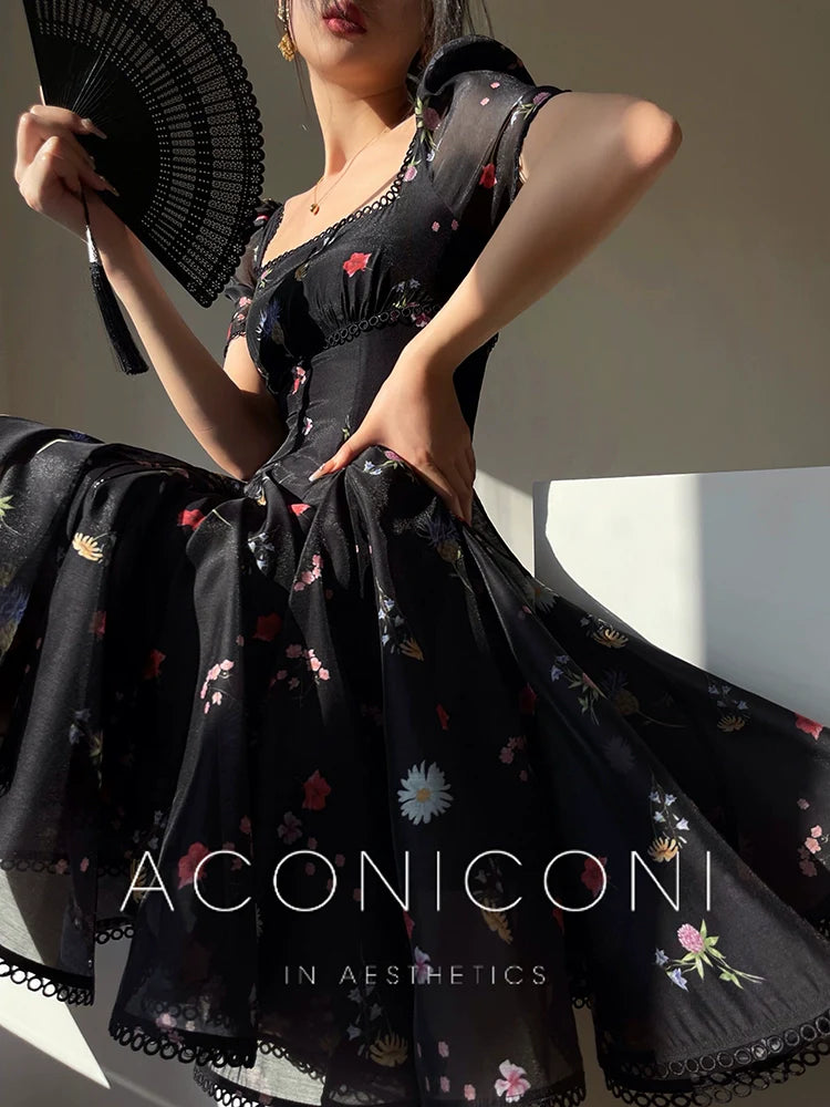 Aconiconi Elegant Black Floal Print Dinner Dress- Huajian Secret Realm