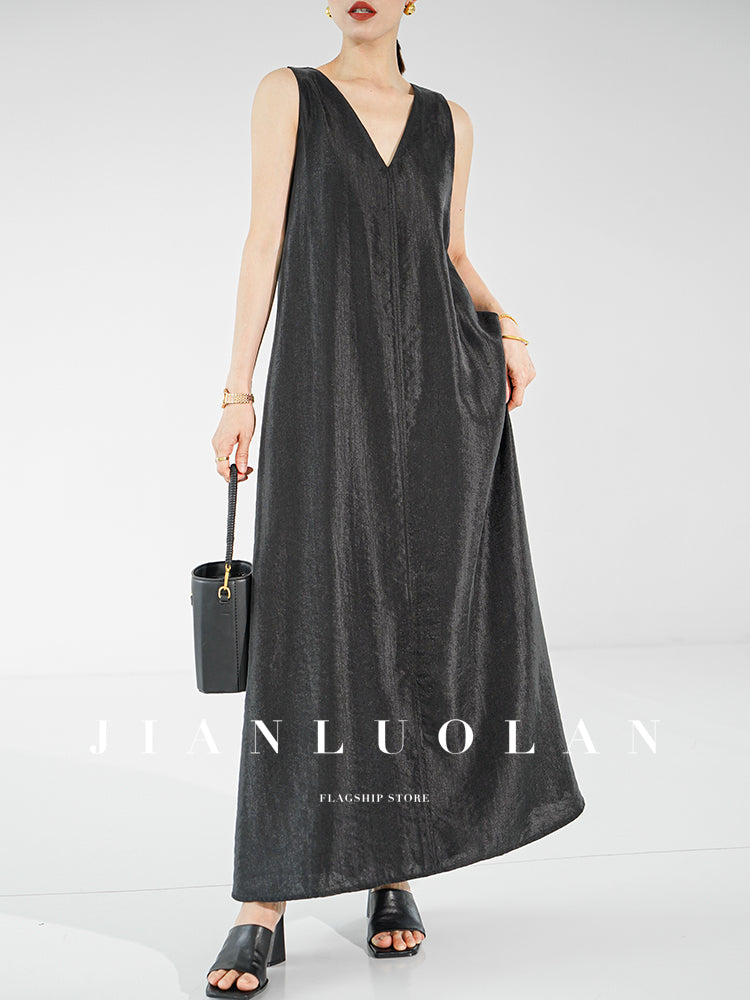 Huanzi custom high-end long sleeveless V-neck dress summer - Miel