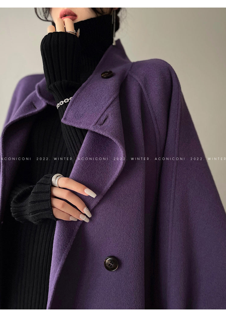 Aconiconi Autumn purple tan double-sided heavy wool cloak jacket long coat - Maple