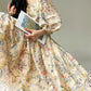 Aconiconi Elegant French Flower Print Puff Sleeve Loose Resort Dress-  Huatian Pear Cloud