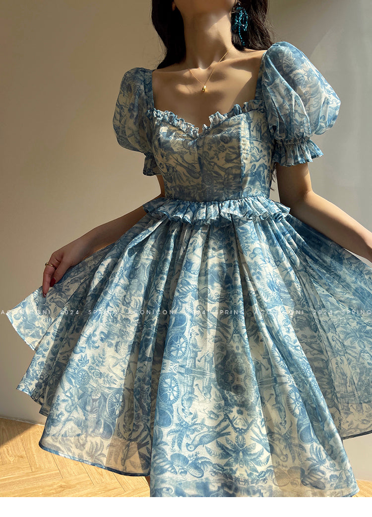 Aconiconi Elegant Blue French Print Short Princess Dress-  Blue Ocean Whisper