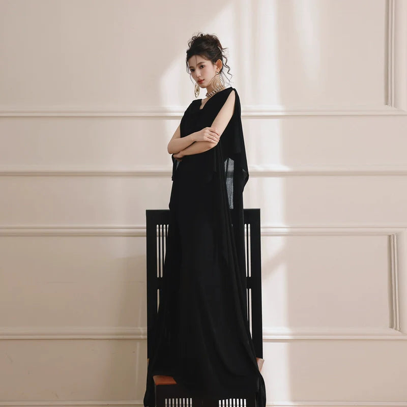 DOLLY Elegant Black Swing Collar Sleeveless Open Back Drape Dress-Kaka (V)
