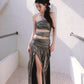 DOLLY Elegant Metallic Gray Skin Revealing Tube Top Long Dinner Dress-NIKITA